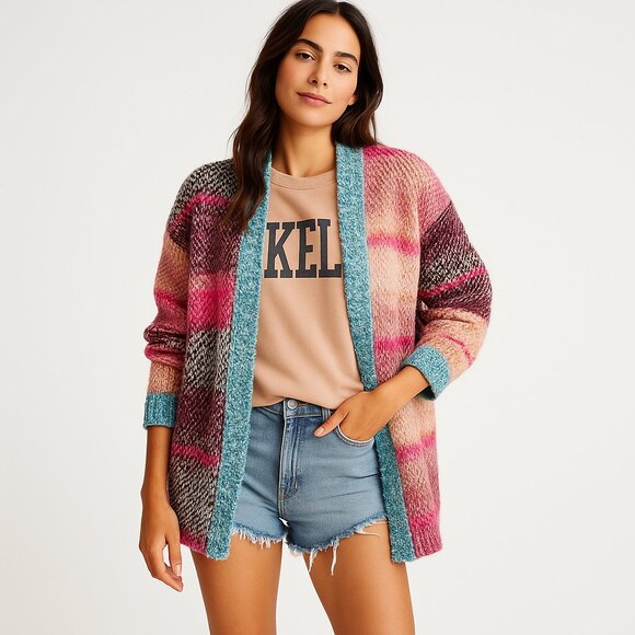 Free People Sweaters - NWT Free People Daydream Oversized Cardigan Pink Blue Cream Striped Size Small